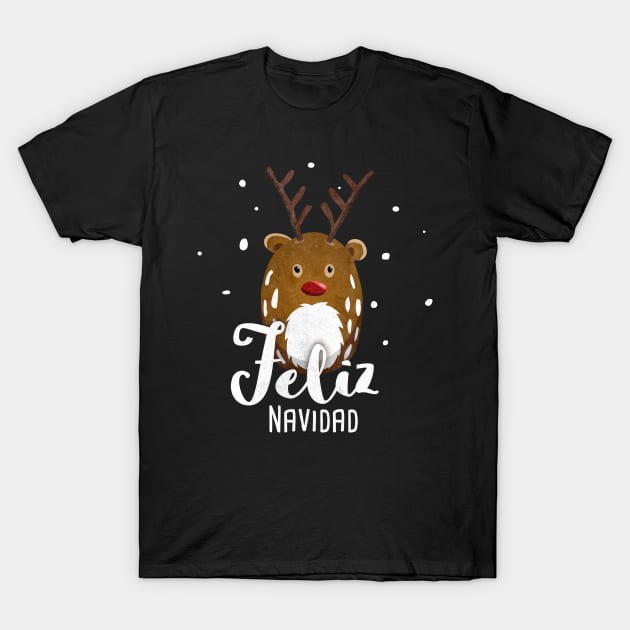 Feliz Navidad Merry Christmas With Reindeer Rudolph T-Shirt by Bumblebeast